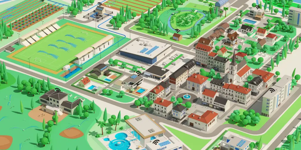 Image 3D d'un environnement d'habitations et de zones de cultures