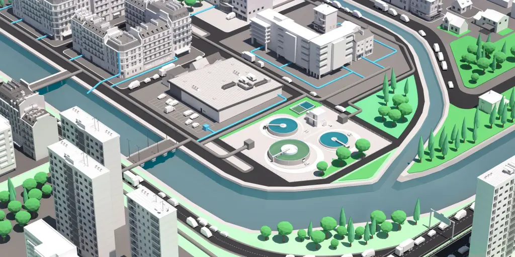 Image 3D isométrique d'un environnement urbain traversée par un fleuve