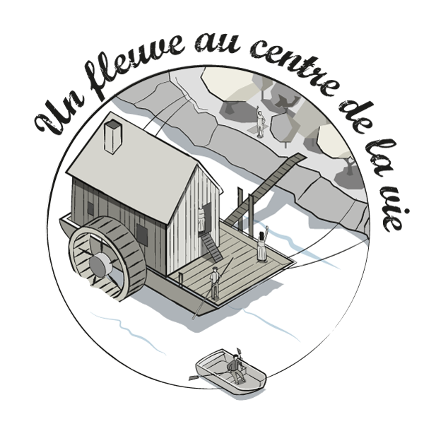Dessin dans un style ancien représentant une maison sur le Rhône dans les années 1900, réalisé pour la frise chronologique de la Vallée de la Chimie