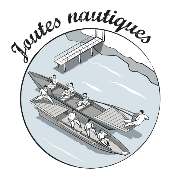 Dessin dans un style ancien représentant les joutes nautiques pratiquées sur le Rhône dans les années 1850.