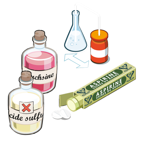 Illustration originale représentant des fioles d'acide sulfurique, de fuchsine ainsi qu'une ancienne boîte d'aspirine.