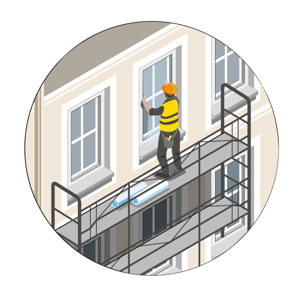 Illustration originale montrant la pose de protections de fenêtres pour des immeubles autour des zones industrielles.