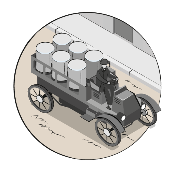 Dessin dans un style ancien représentant un véhicule à moteur transportant des fûts de phénol dans les années 1900, réalisé pour la frise chronologique de la Vallée de la Chimie