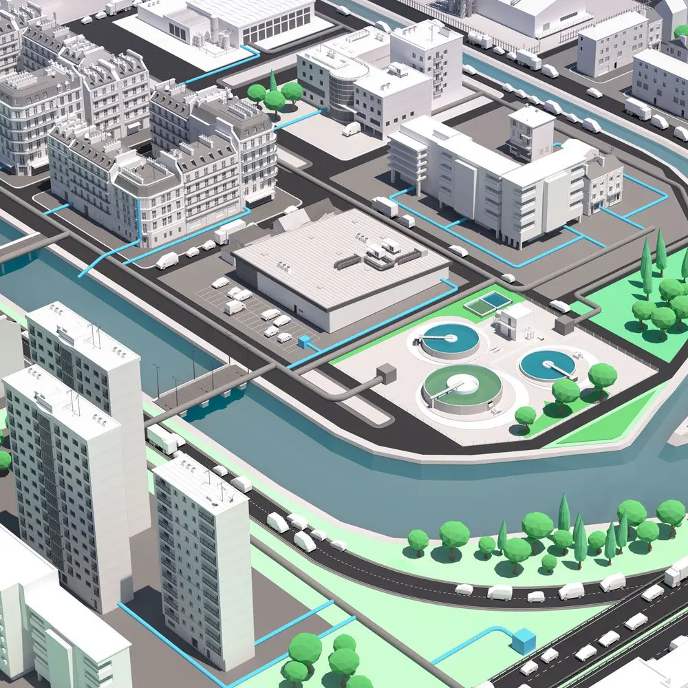 Visuel 3d isométrique d'une ville bordée d'un fleuve