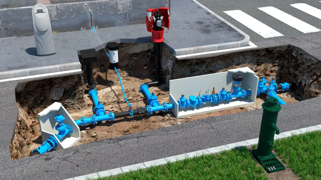 Visuel 3d d'un montage d'équipements hydrauliques d'acheminement de l'eau, vue éclatée sous une chaussée.