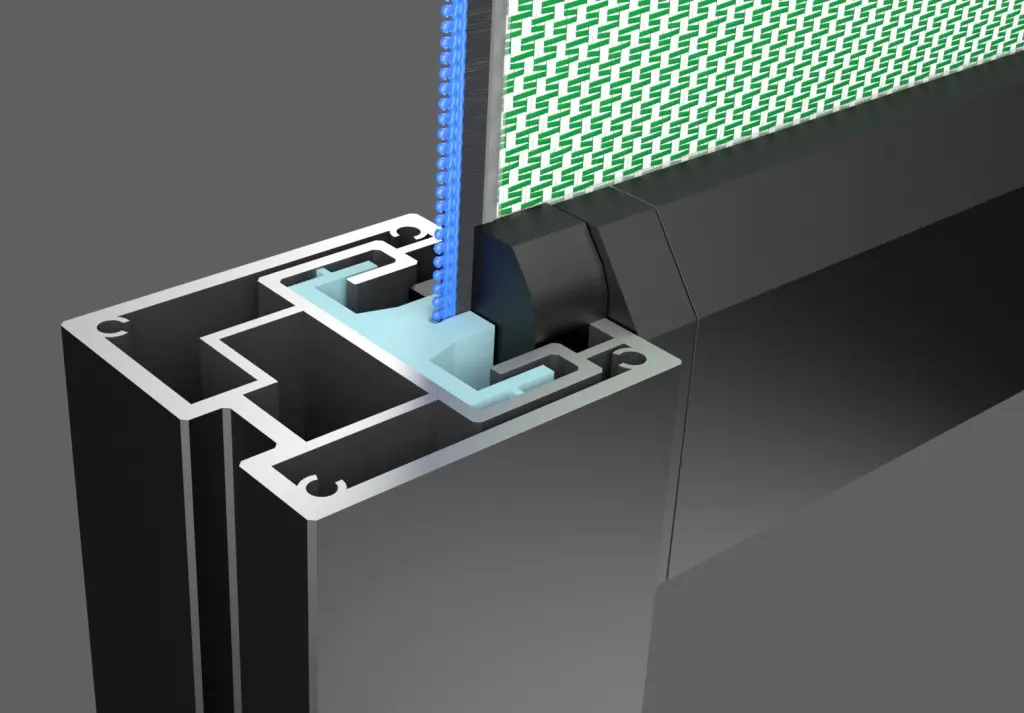 Visuel 3d réaliste d'un éclaté technique du système de stores Zip de la société Mermet.