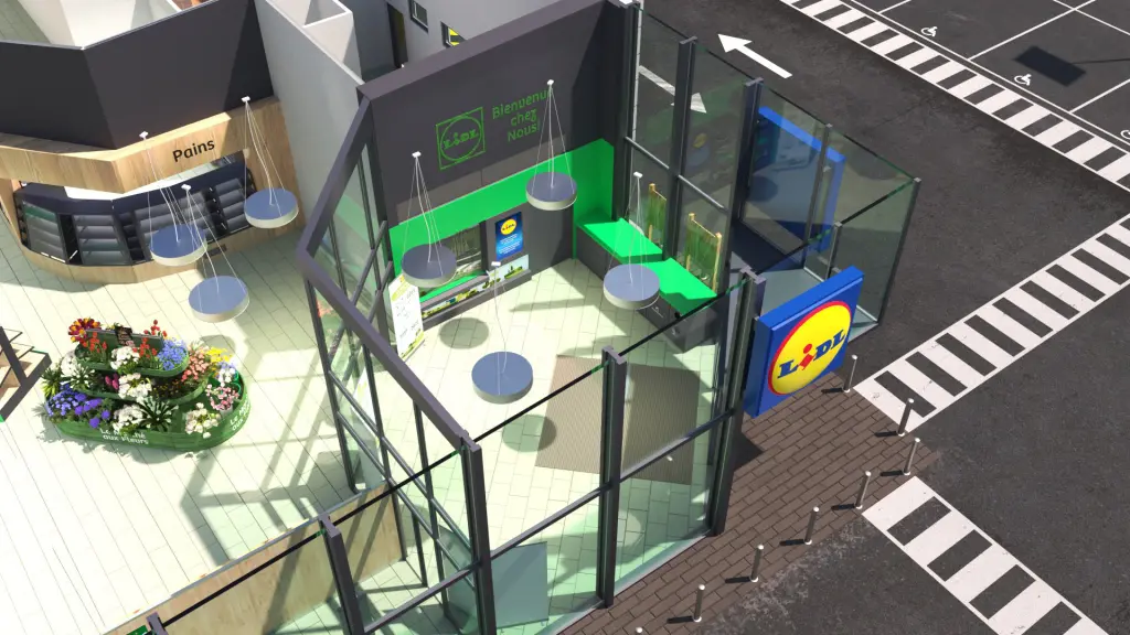 Vue 3d de l'entrée d'un magasin Lidl, servant à un film promotionnel