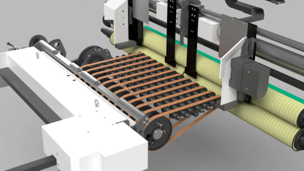 Eclaté 3d réaliste d'une machine de fabrication de cartons d'emballages développée par la société Bobst