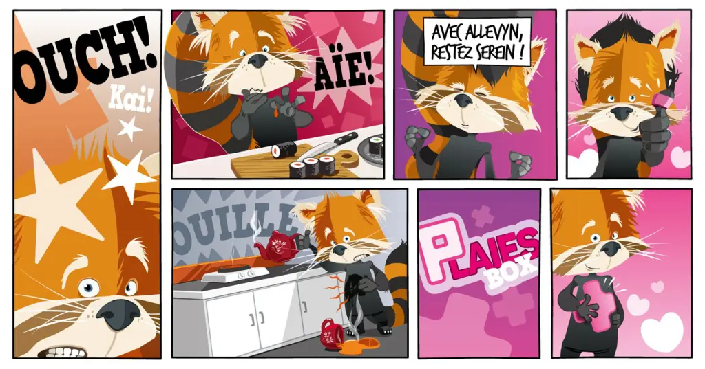 Petite planche de bande dessinée présentant un petit panda dans différents cas où on a besoin de pansement.