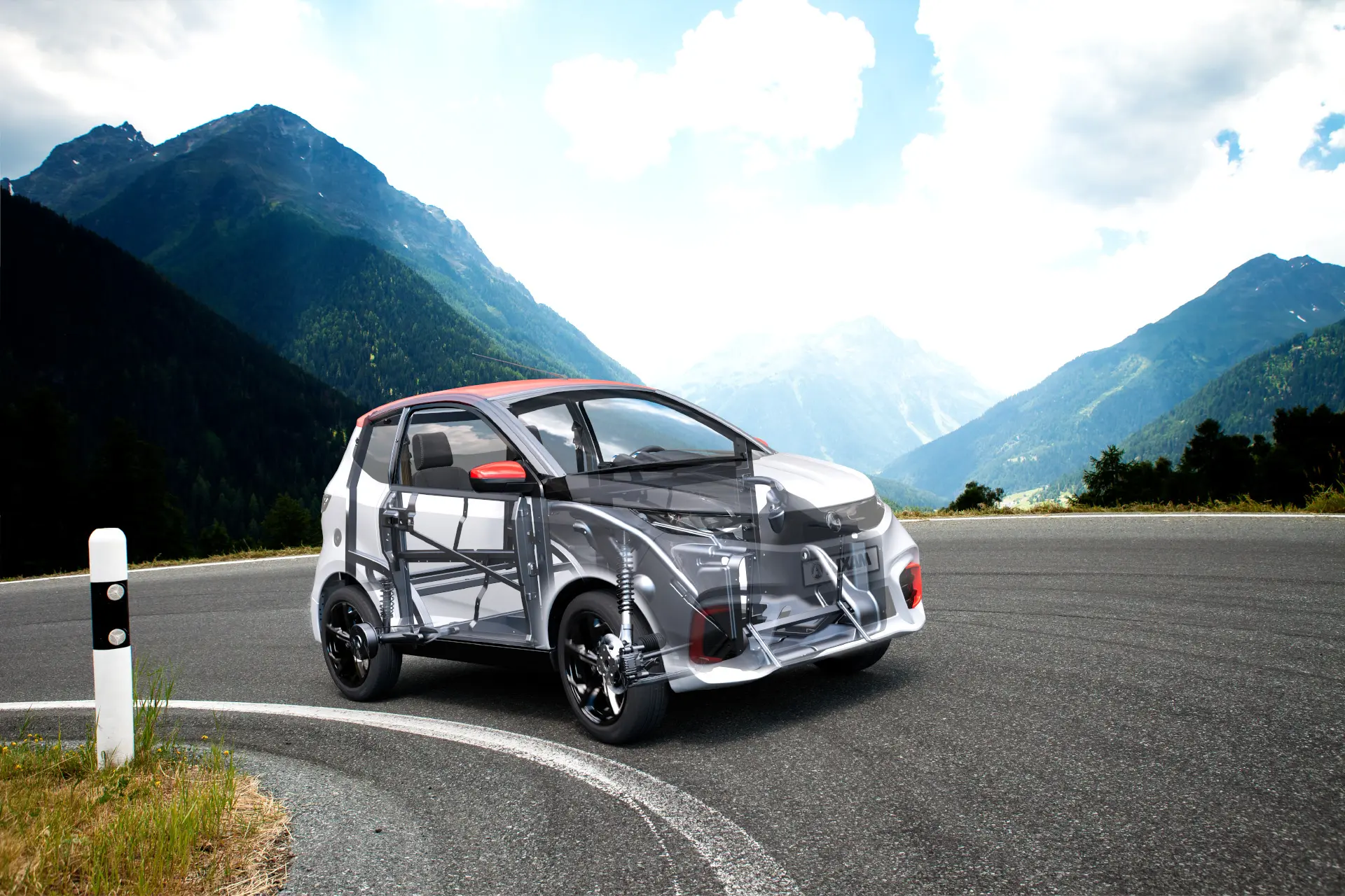 Vue d'une voiture sans permis Aixam sur route, qui montre par transparence les structures de sécurité internes.