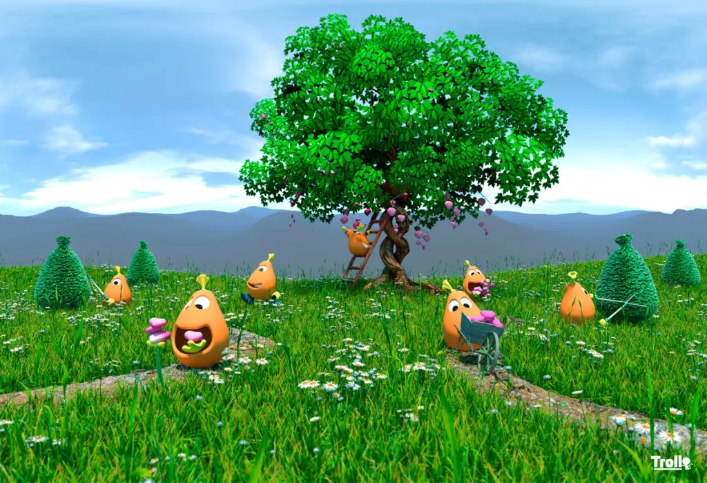 Illustration onirique 3D de lysosomes, représentés par des personnages ballons oranges pour l'association VML.