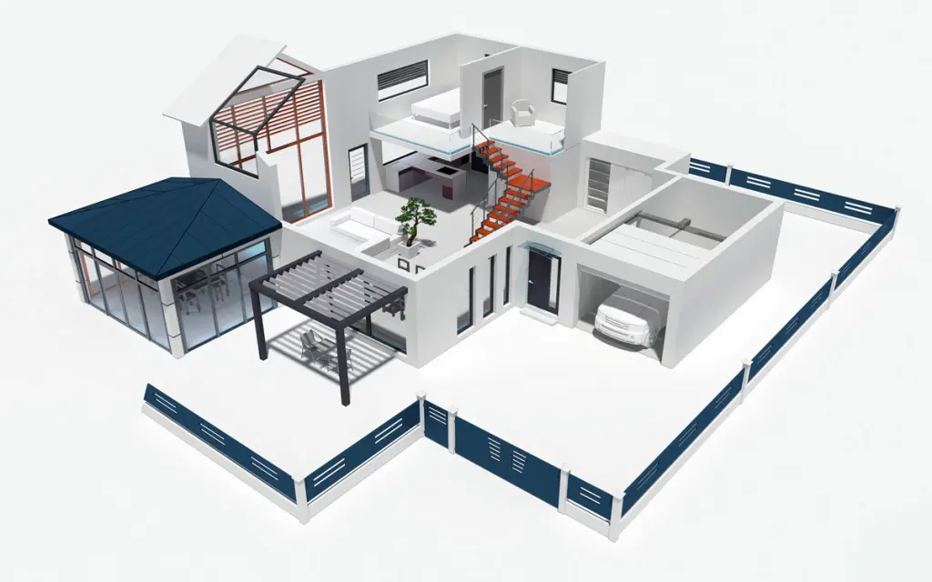 Visuel 3D d'un éclaté de maison, réalisé pour un fabricant de stores et aménagement intérieur.