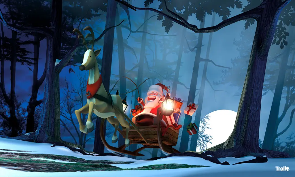 Illustration 3d d'un père Noël en train de voyager à travers bois, son traineau rempli de cadeaux.