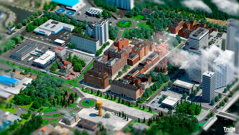 Visuel 3d réaliste d'une ville complète et de sa périphérie, vues du ciel.