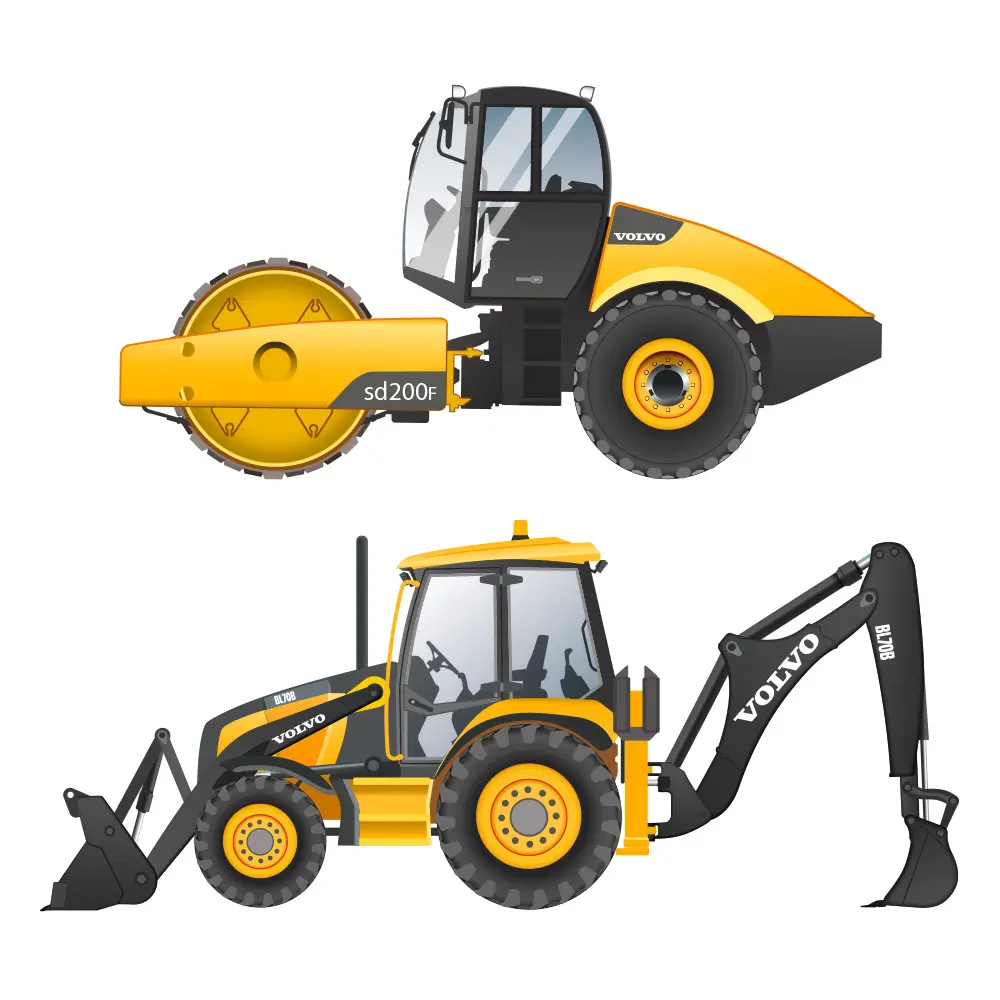 Illustrations techniques couleurs de deux engins de chantier de marque Volvo
