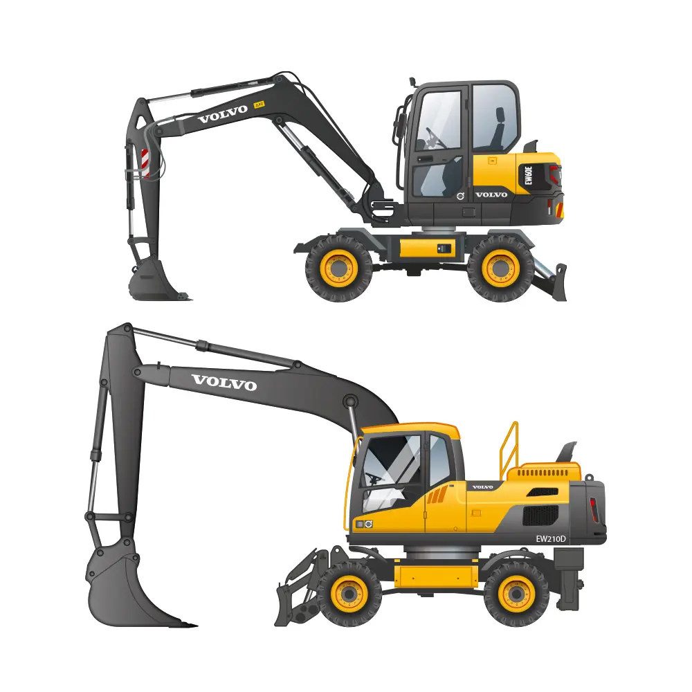 Illustrations techniques couleurs de deux engins de marque Volvo