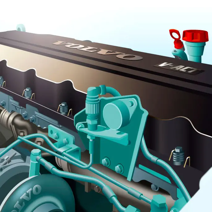 Illustration technique couleur d'un moteur de camion Volvo