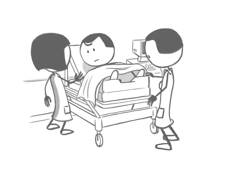 Dessin d'une jeune future maman à l'hôpital, entourée de médecins