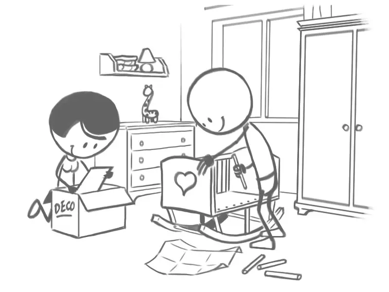Dessin de futurs parents en train de préparer la chambre du bébé