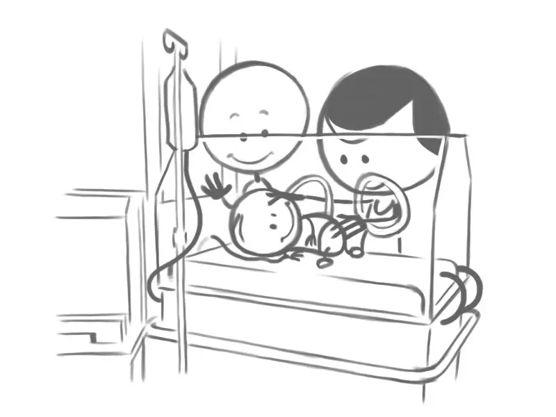 Dessin d'un couple de jeunes parents en train de regarder leur bébé dans sa couveuse.