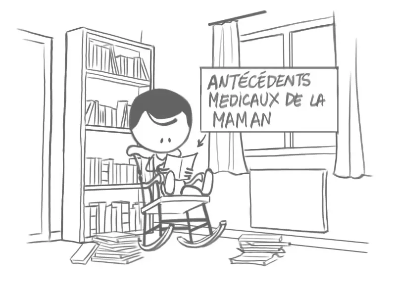Dessin d'une jeune future maman en train de lire des livres sur la grossesse.