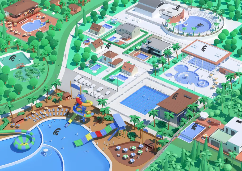 Image 3D isométrique d'un centre de loisirs aquatique, d'un camping et d'un centre de balnéothérapie