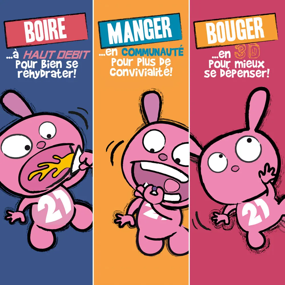 Illustration d'une petite mascotte sur trois thèmes, manger, boire, bouger