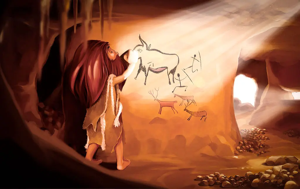 Illustration cartoon d'un homme préhistorique en train de peindre un animal sur la paroi d'une grotte