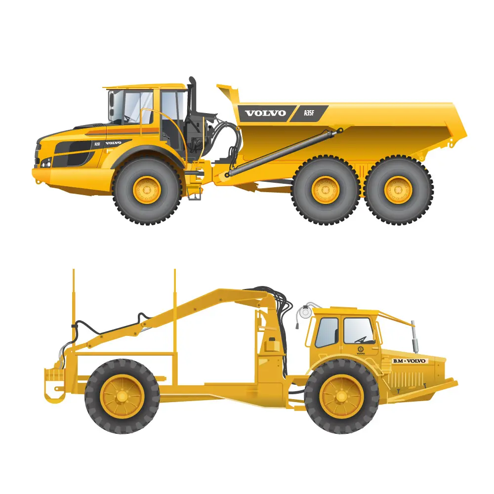 Dessins techniques vectoriels couleur de deux camions Volvo