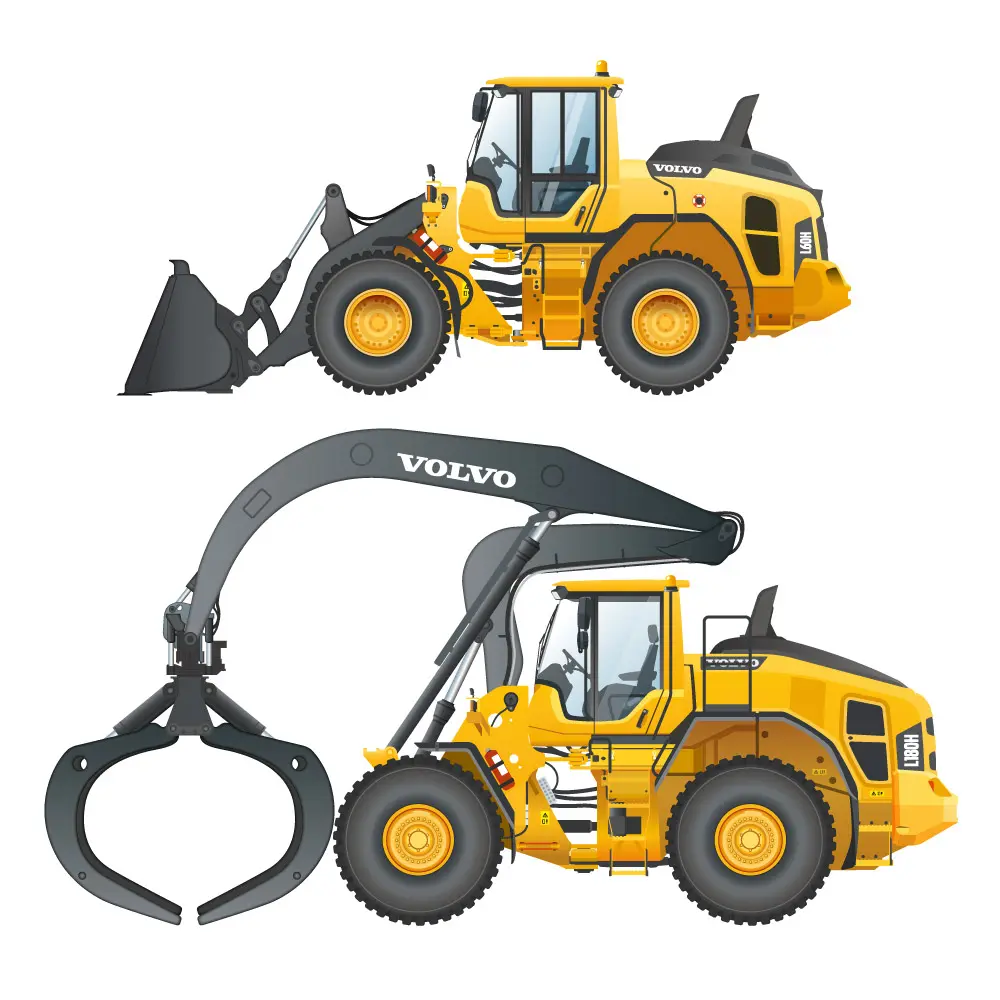 Dessins techniques vectoriels couleur de deux engins de chantier Volvo