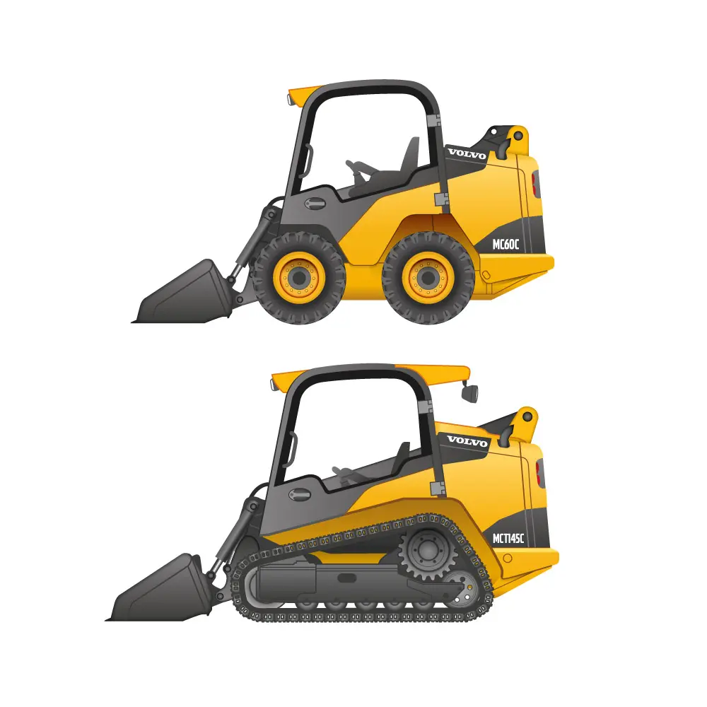 Dessins techniques vectoriels couleur de deux engins de chantier Volvo