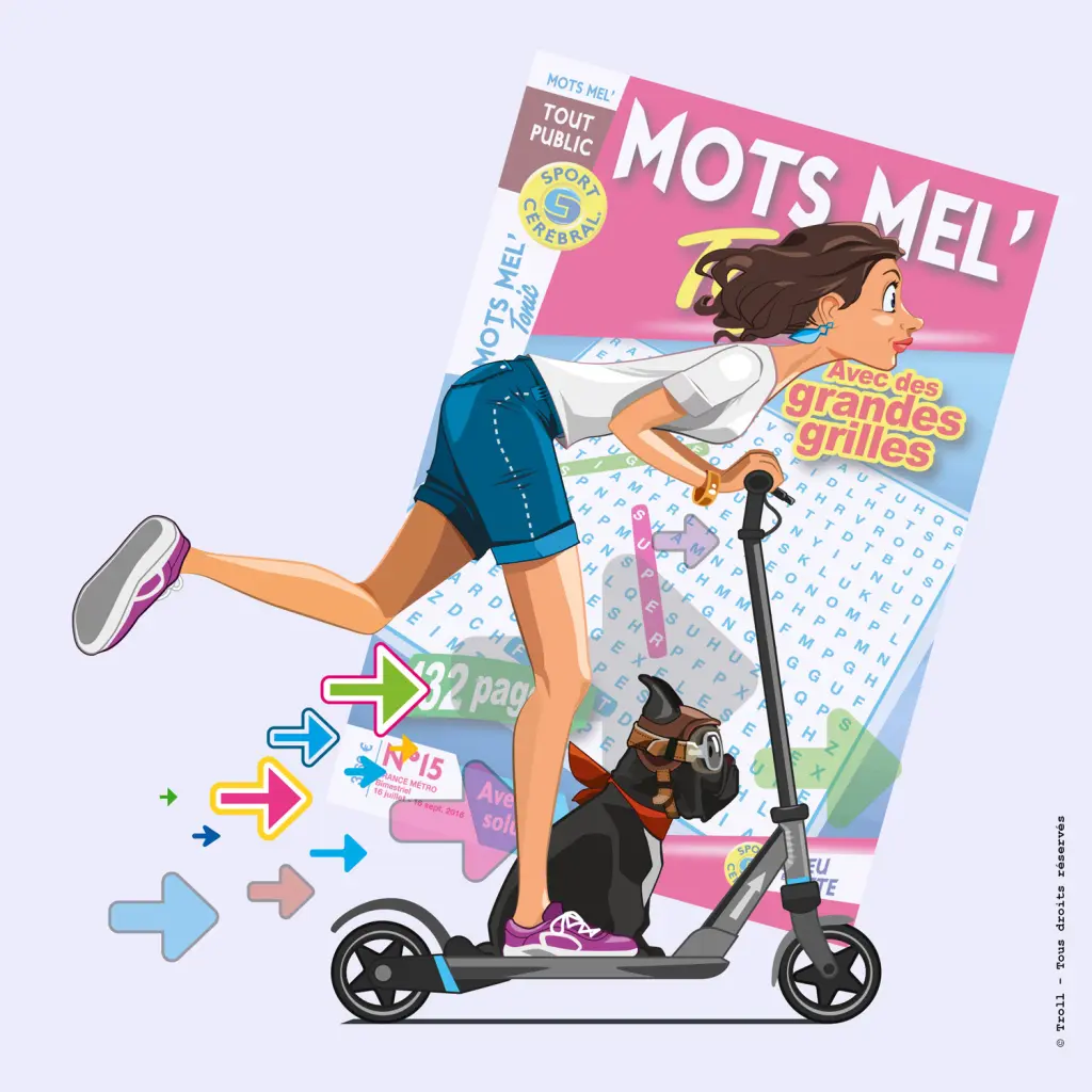 Fille et son bulldog sur une trottinette