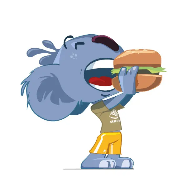Illustration originale du koala Sandaya qui mange un burger.