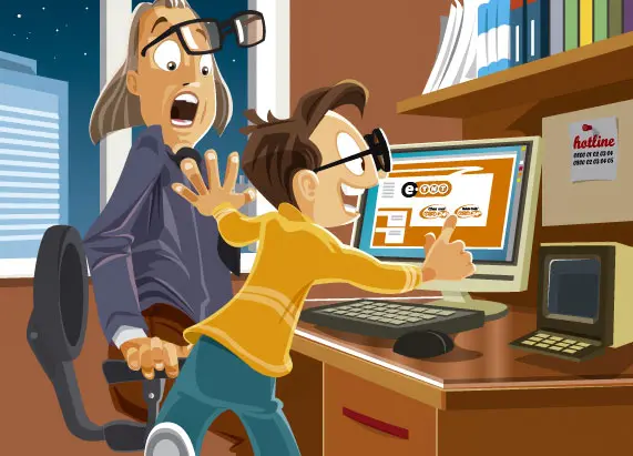 Illustration d'un grand-père et de son petit fils devant un ordinateur, en train de réserver un colis
