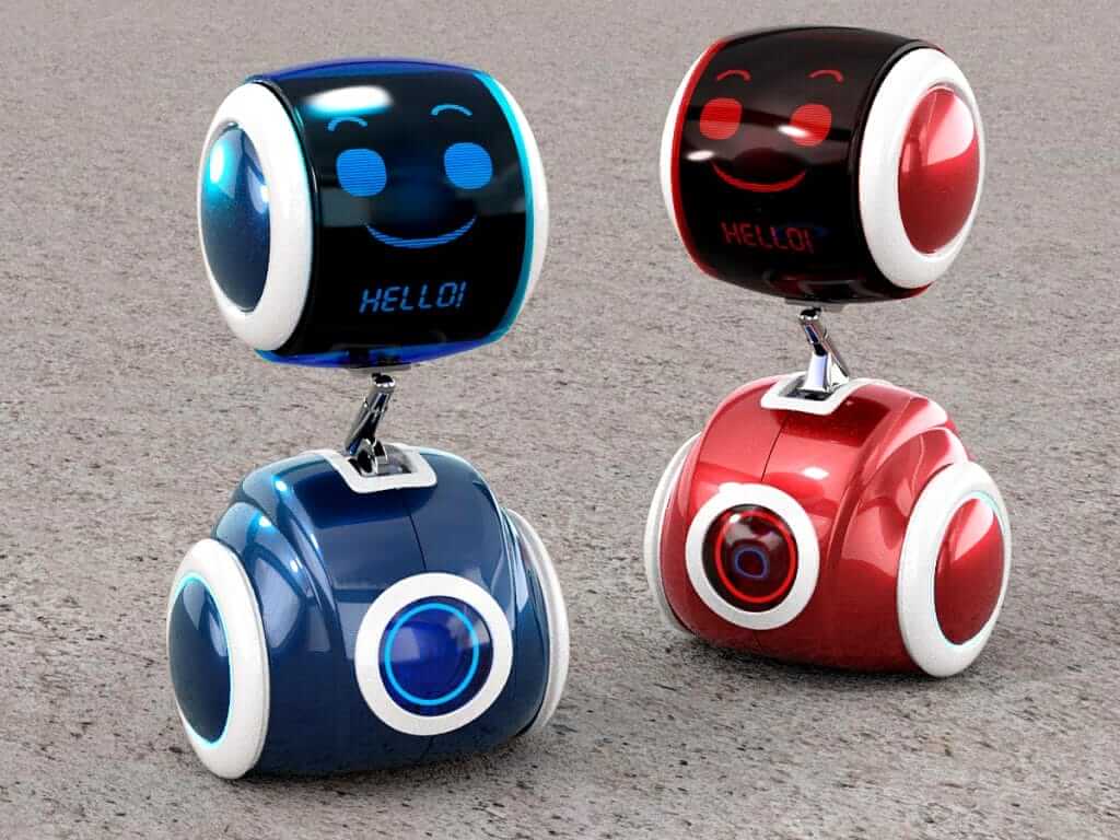 Deux robots souriants colorés.